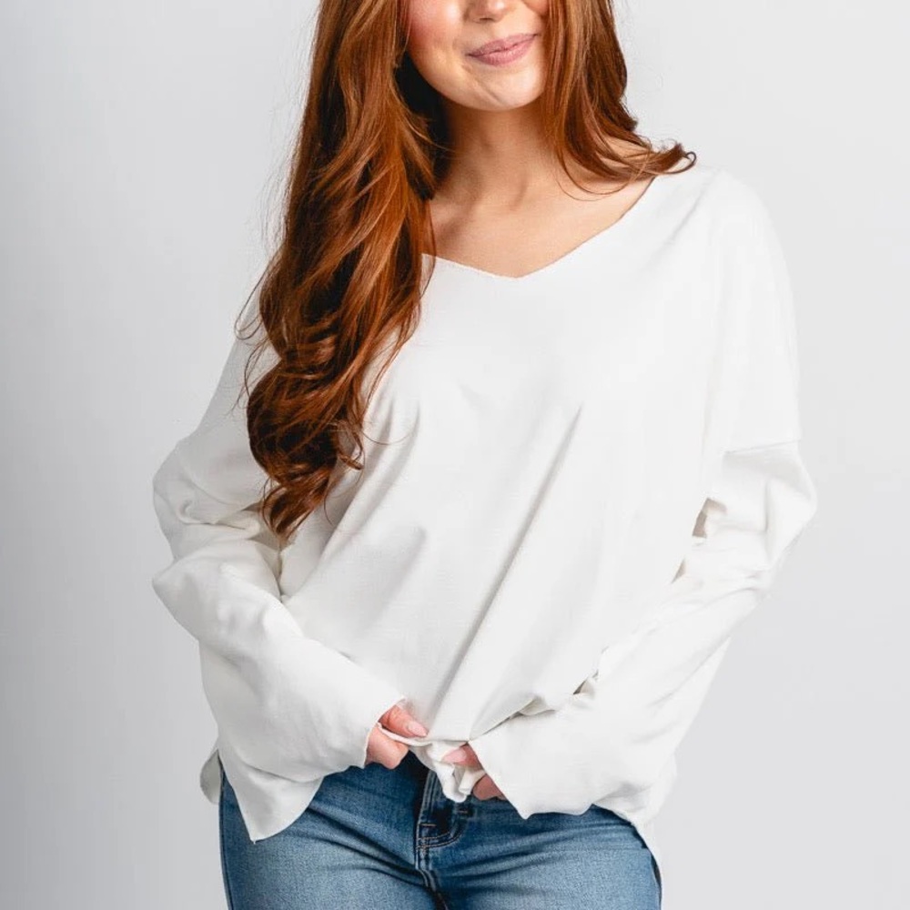 NATACHA Paris Cream Silky Frayed V-Neck Long Sleeve Blouse